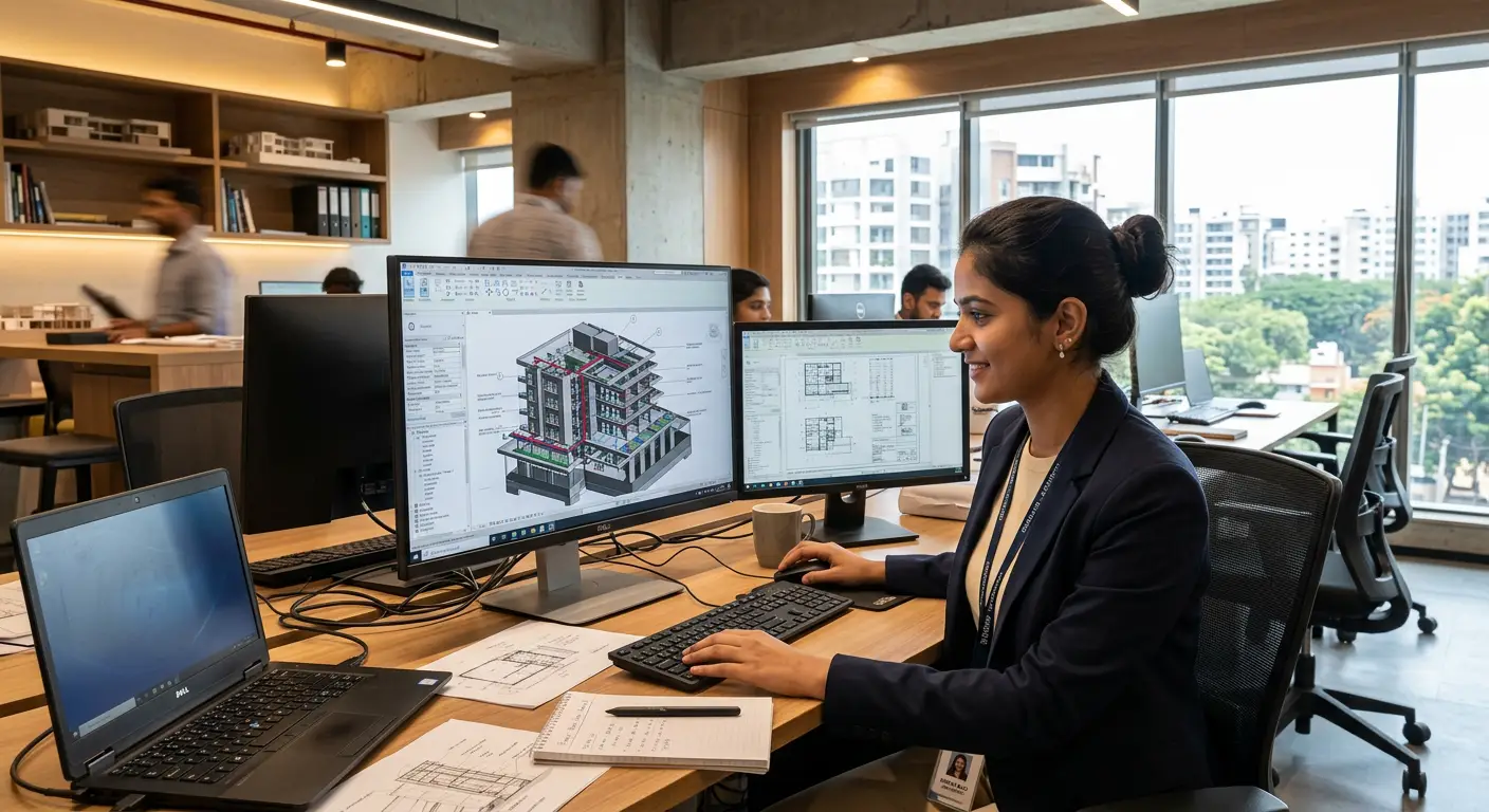 Indian female architect working on BIM model