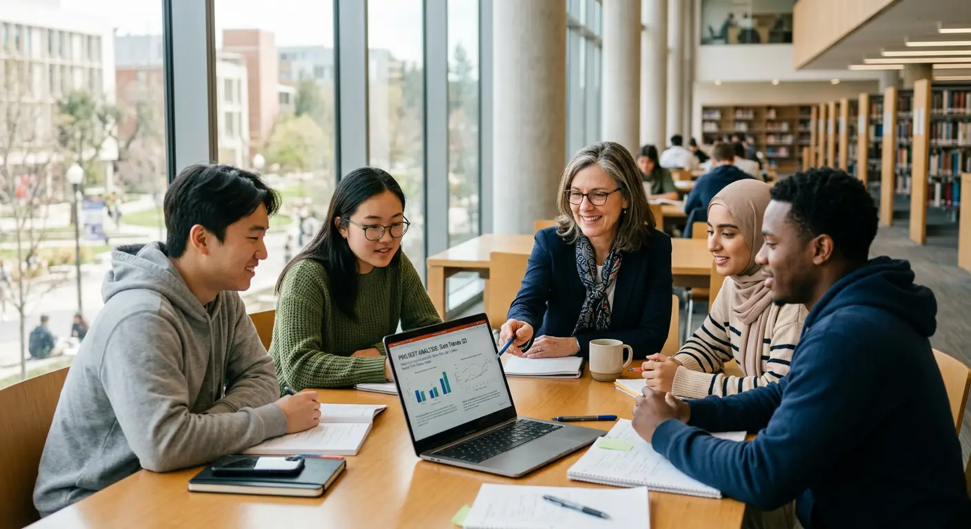 A diverse group of college students and an academic mentor collaborating in a modern university library